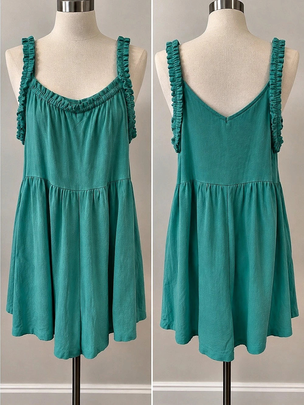 Pink Lily Teal Ruffle Strap Romper Dress 💚